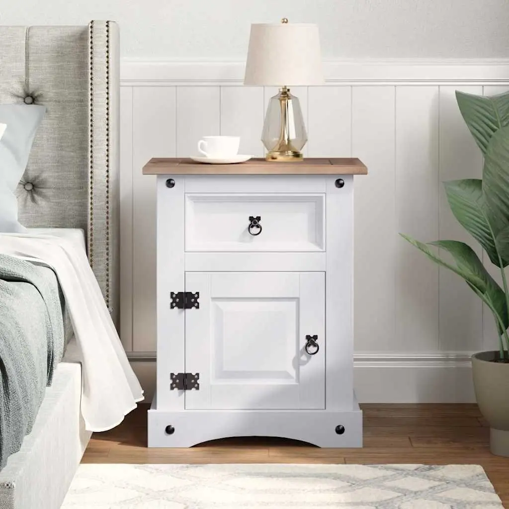 Bedside Cabinet Mexican Corona Style White Wooden Nightstand Storage with Drawer