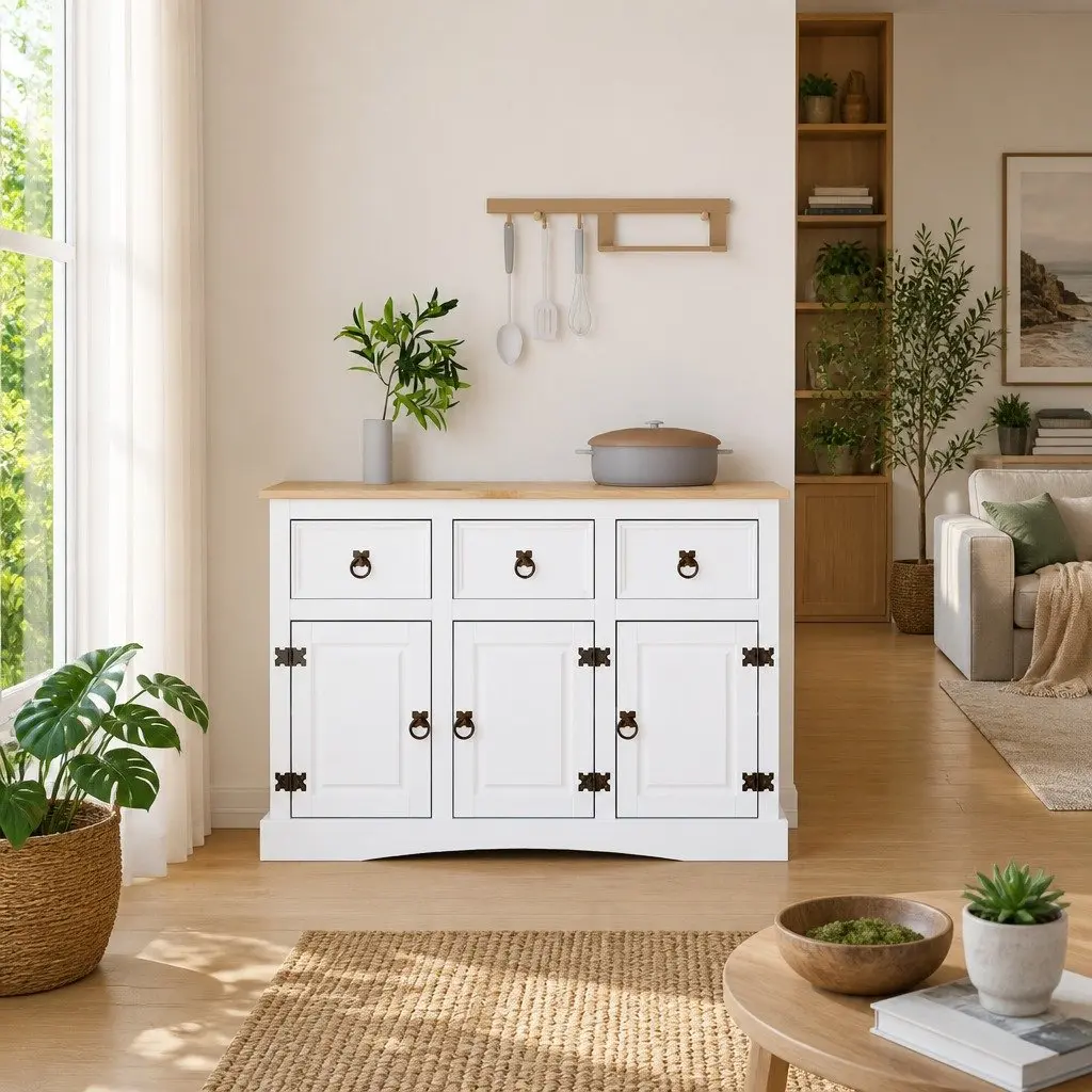 White Solid Pinewood Sideboard with Storage