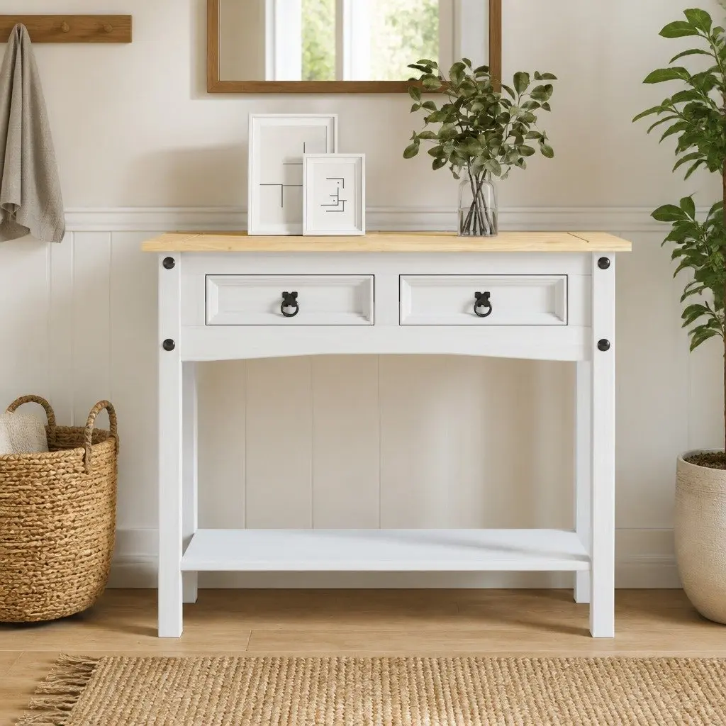 Console Table White Mexican Corona Style 2 Drawers 1 Shelf 90 x 34.5 x 73 cm