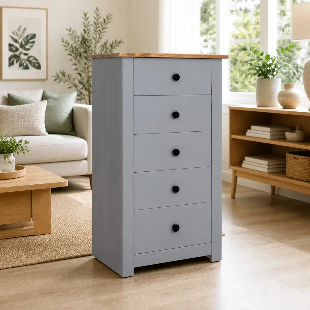 Sideboard Cabinet Grey Solid Pinewood 5 Drawer Storage Unit 46W x 40D x 89H cm