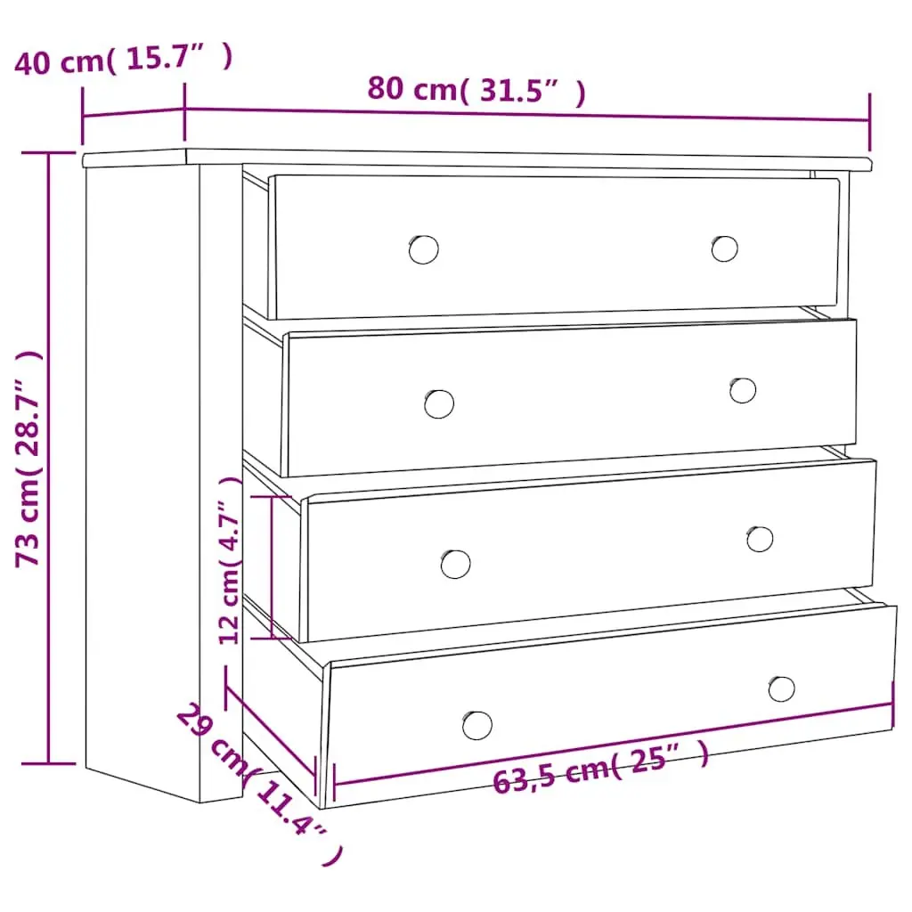 Side Cabinet Brown 80x40x73 cm 4 Drawer Storage Buffet Table