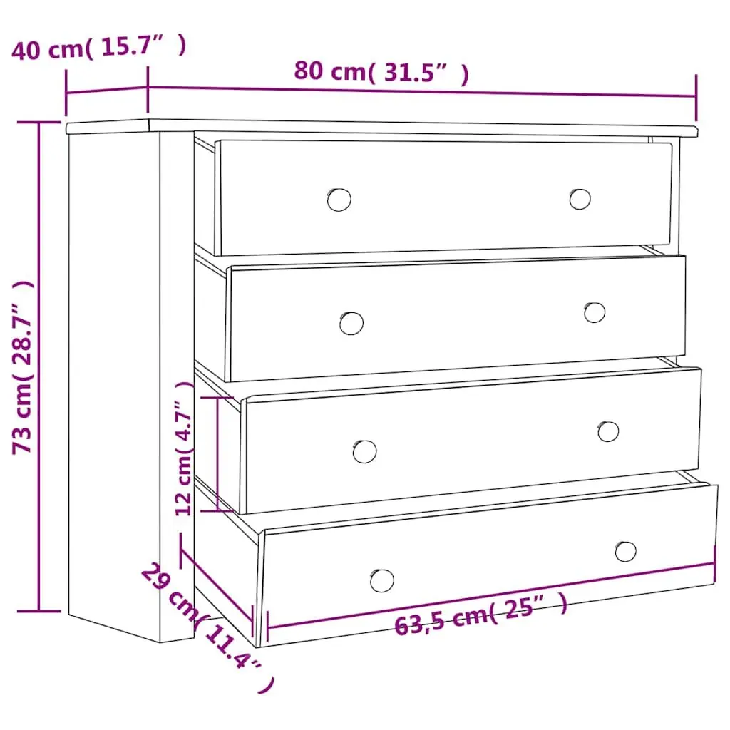 Side Cabinet White Solid Pinewood 80x40x73cm 4 Drawers Storage Buffet