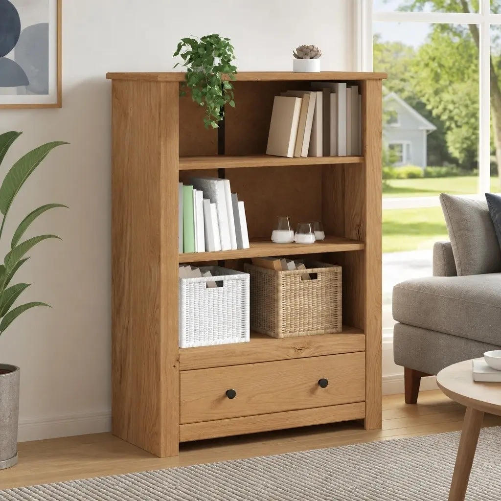 Wooden Bookcase 80x35x110 cm Solid Pine Brown Storage Shelving Unit with Drawer