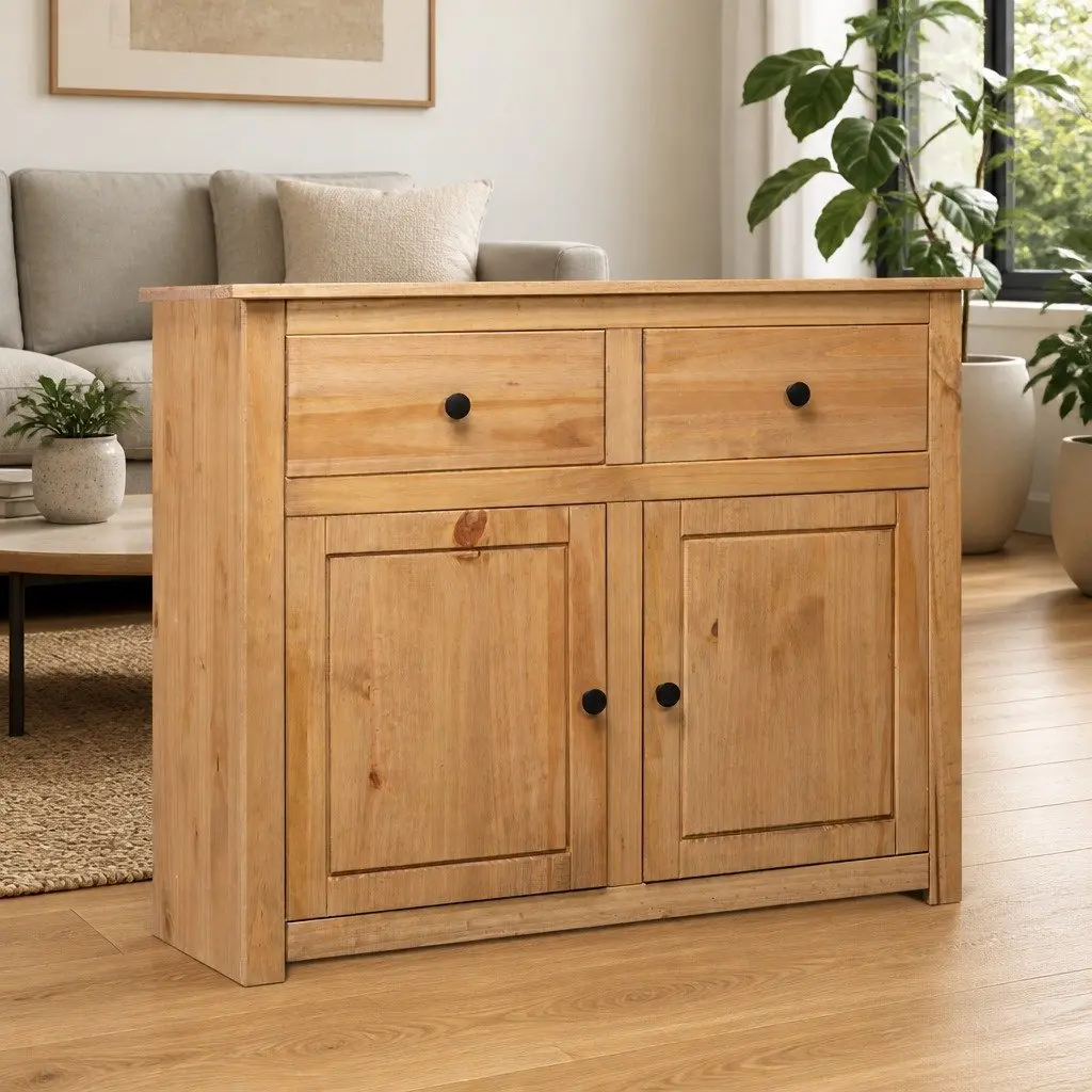 Solid Pinewood Sideboard 93x40x80 cm Brown Storage Cabinet 2 Drawers 2 Doors