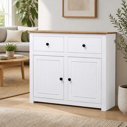 Solid Pinewood Sideboard White 2 Drawers 2 Doors Storage Cabinet Furniture