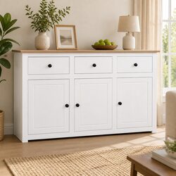 White Solid Pinewood Sideboard Storage Cabinet 3 Drawer Buffet Display Unit