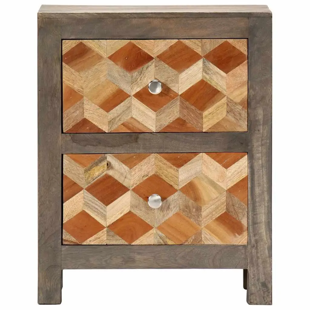 Solid Mango Wood Nightstand Grey 2 Drawer Bedroom Storage Cabinet