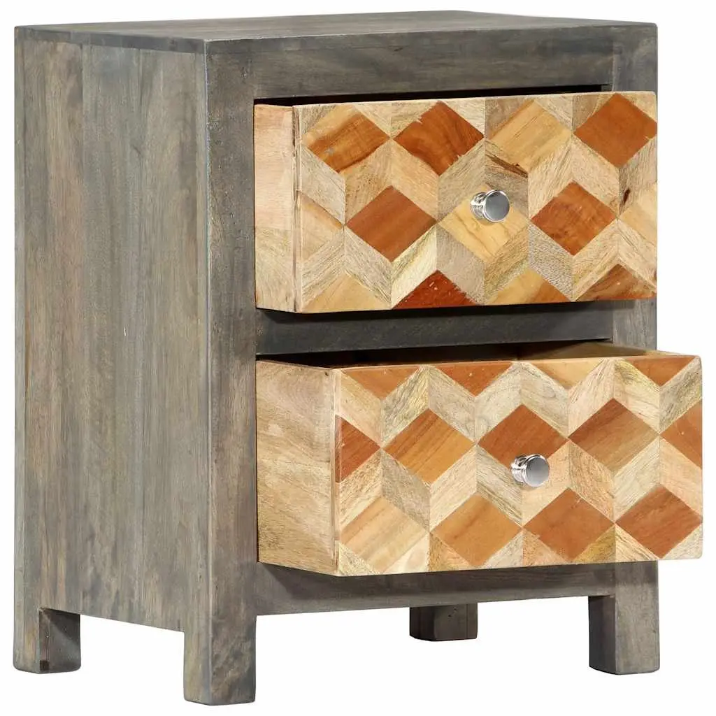 Solid Mango Wood Nightstand Grey 2 Drawer Bedroom Storage Cabinet