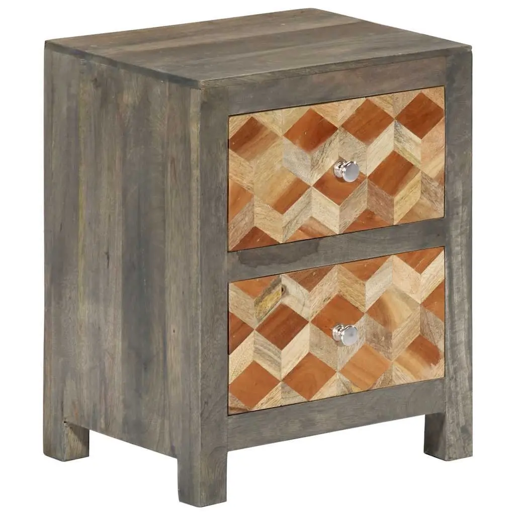 Solid Mango Wood Nightstand Grey 2 Drawer Bedroom Storage Cabinet