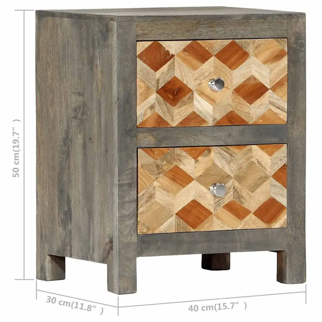 Solid Mango Wood Nightstand Grey 2 Drawer Bedroom Storage Cabinet