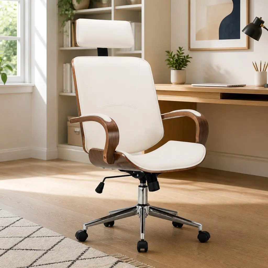 Swivel Office Chair with Headrest Cream Faux Leather Bentwood Frame Adjustable