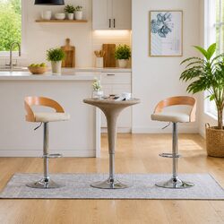 Bar Stools Set 2 pcs Cream Faux Leather Bentwood Frame Adjustable Height