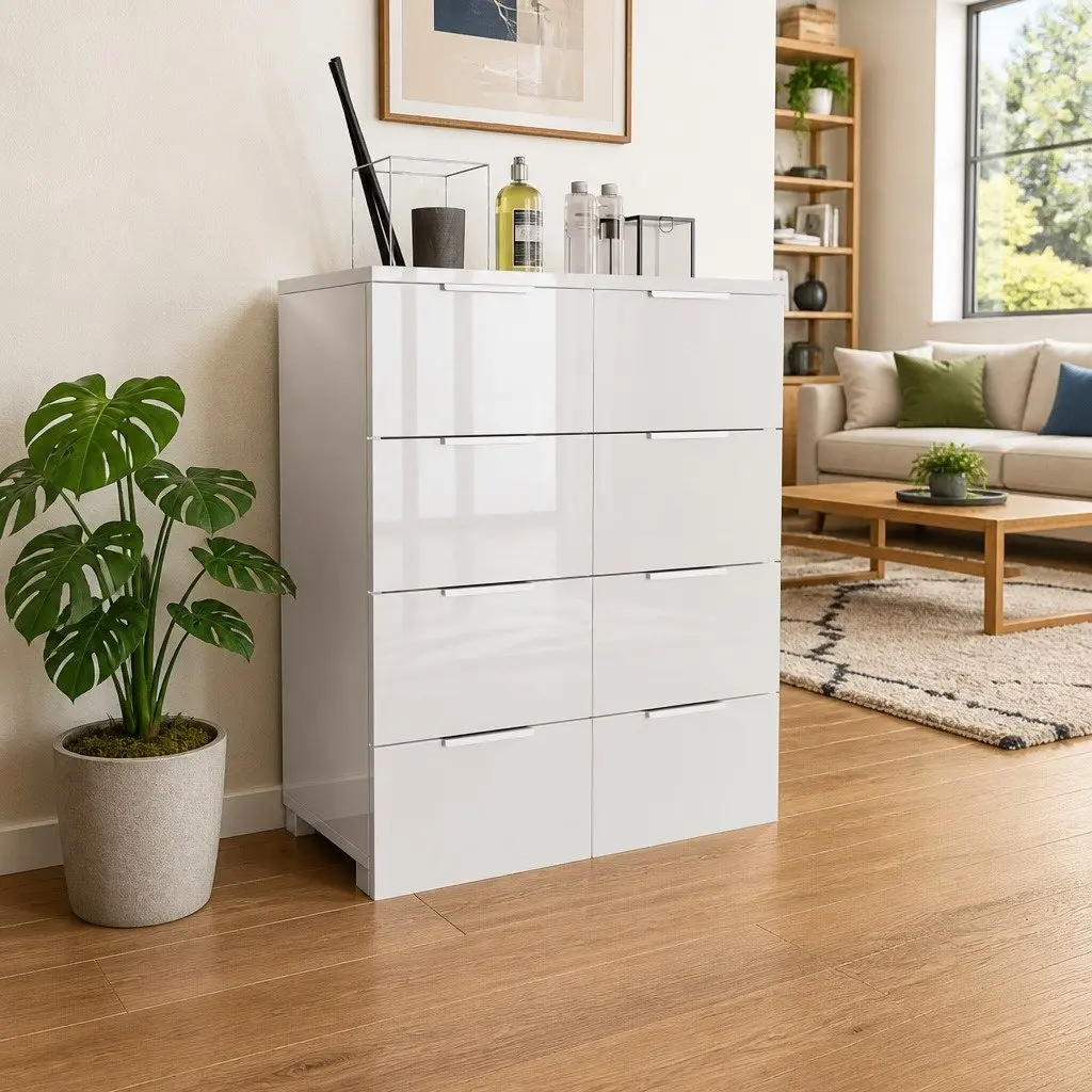 8-Drawer High Gloss White Chest of Drawers Engineered Wood Storage Cabinet