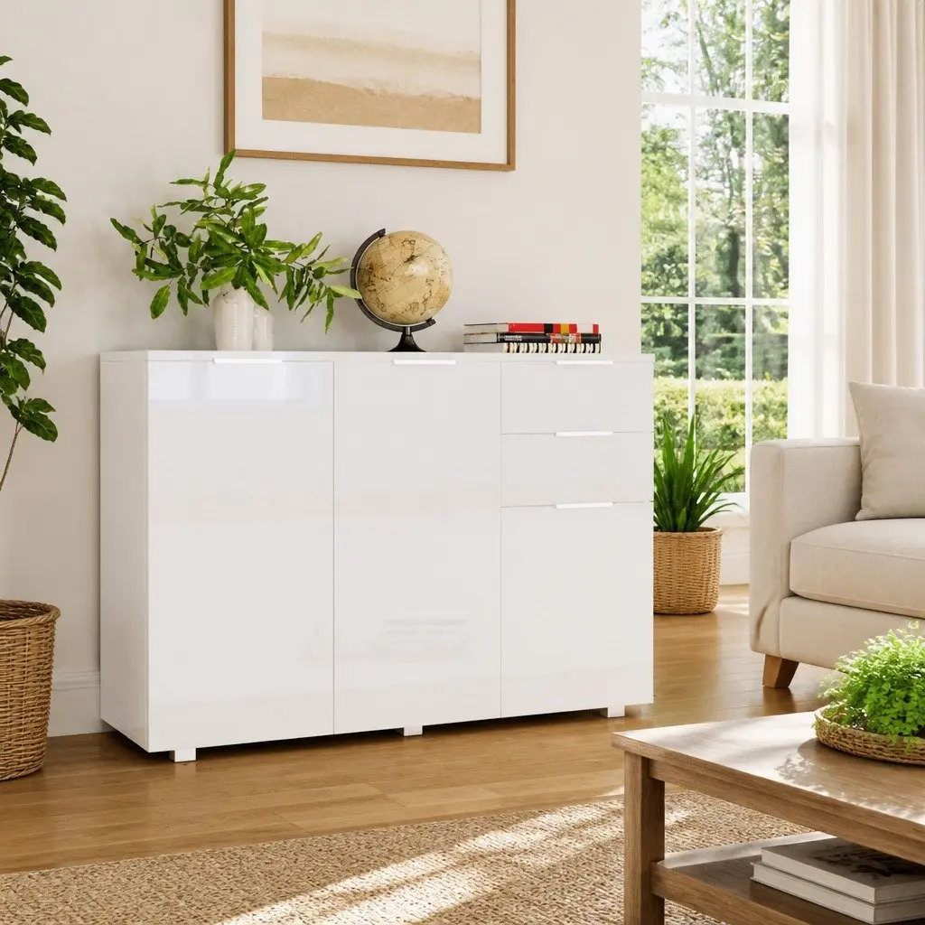 Sideboard High Gloss White Storage Cabinet with 2 Drawers and 3 Doors 107 x 35 x 80.5 cm