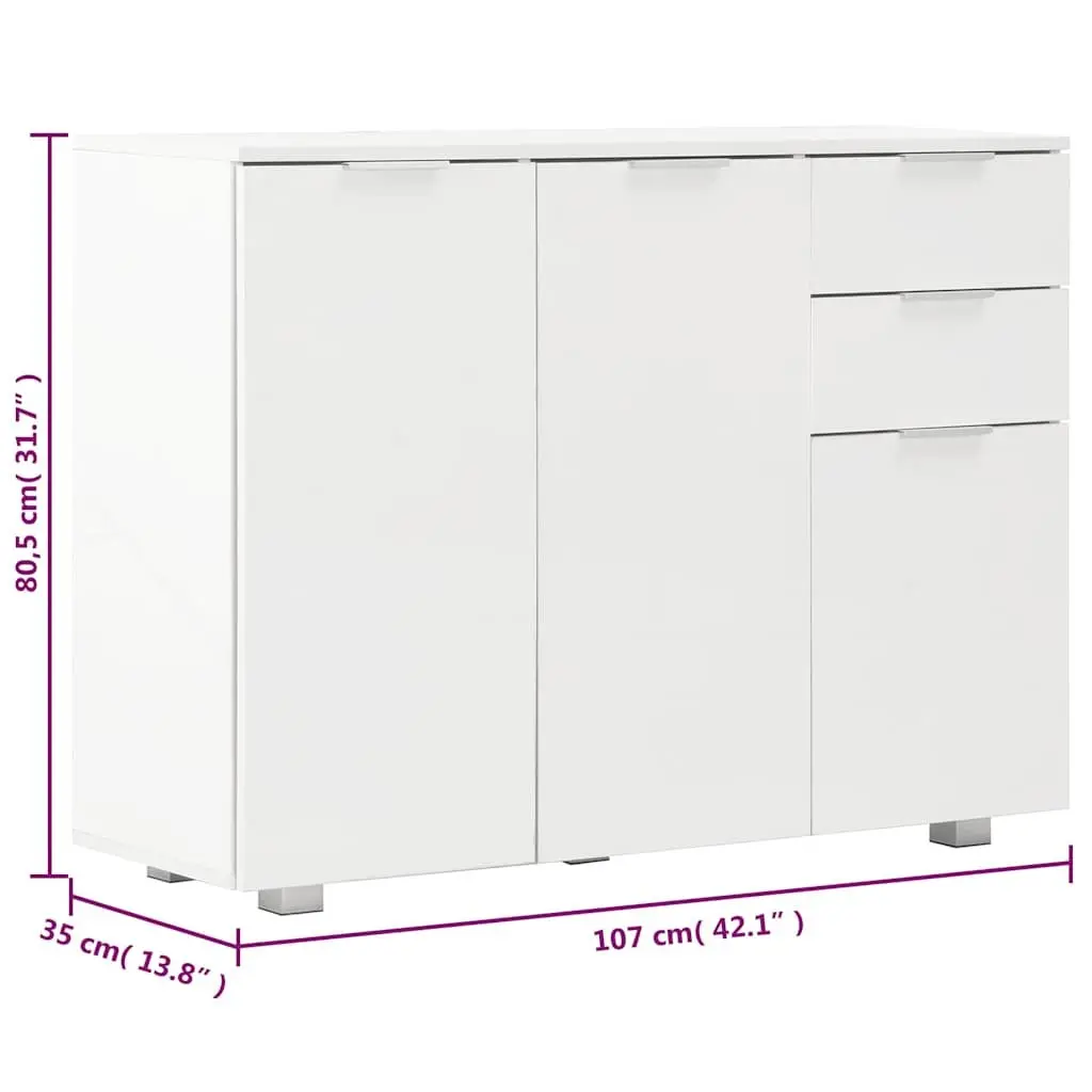 Sideboard High Gloss White Storage Cabinet with 2 Drawers and 3 Doors 107 x 35 x 80.5 cm