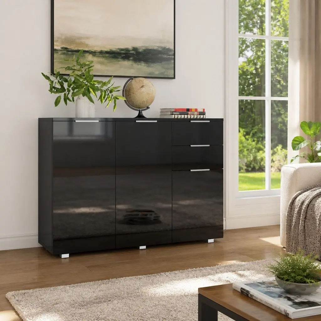 Sideboard High Gloss Black 107x35x80.5cm Storage Cabinet Engineered Wood 2 Drawers 3 Doors