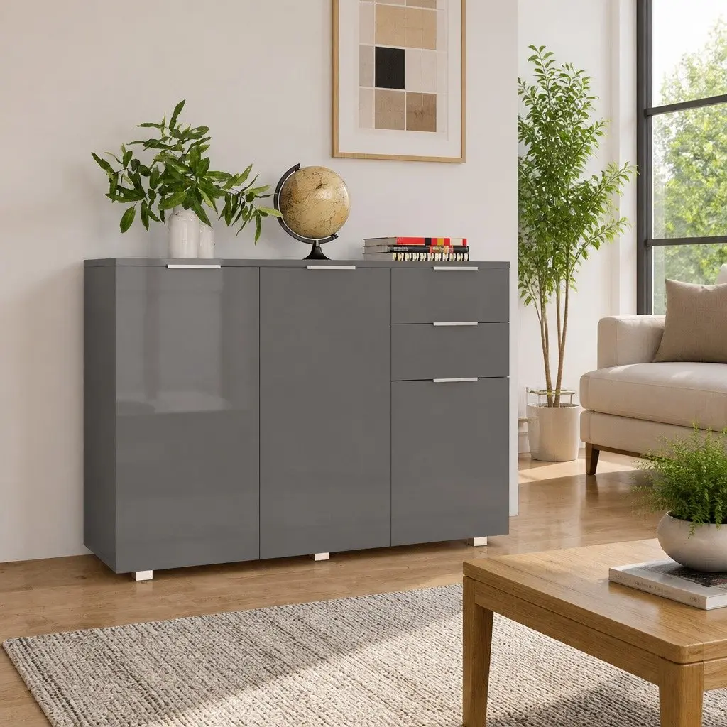 Sideboard Grey High Gloss Storage Cabinet with Drawers Doors Living Room Buffet