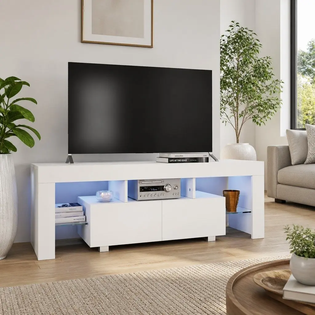TV Cabinet Unit High Gloss White LED Lights Modern 130 x 35 x 45 cm
