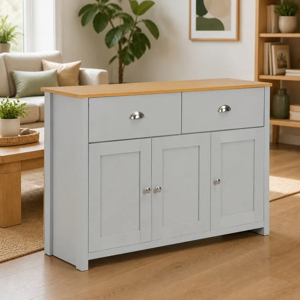 Sideboard Grey Storage Cabinet 2 Drawers 3 Doors 112x35x81cm
