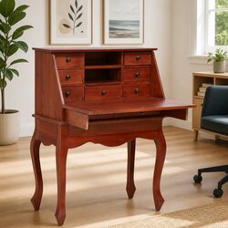 Secretary Desk Brown Wooden Writing Desk Flip Top Compartments Storage Drawers