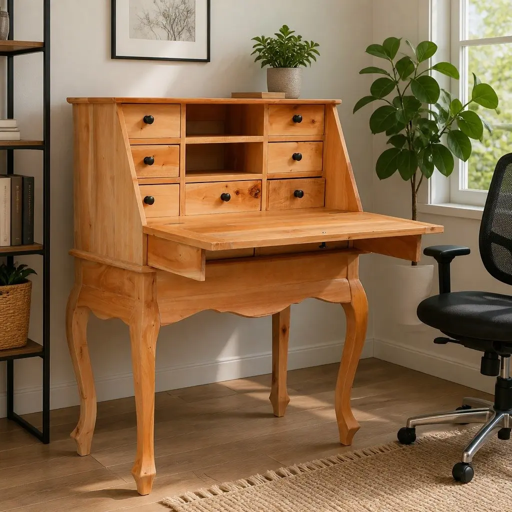 Secretary Desk Solid Wood Flip Writing Board Brown