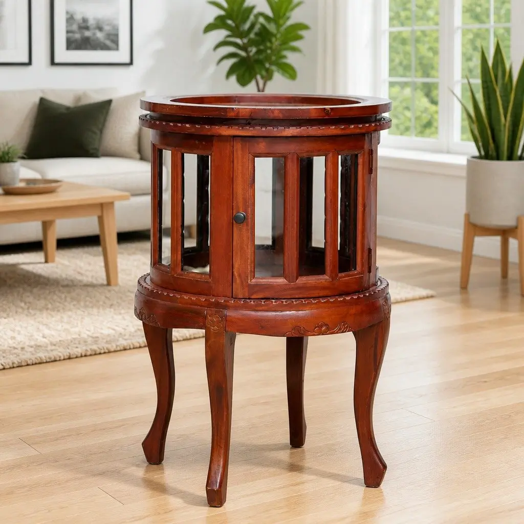 Wooden Vitrine Cabinet Brown Glass Display Storage Side Table 50 x 50 x 76 cm