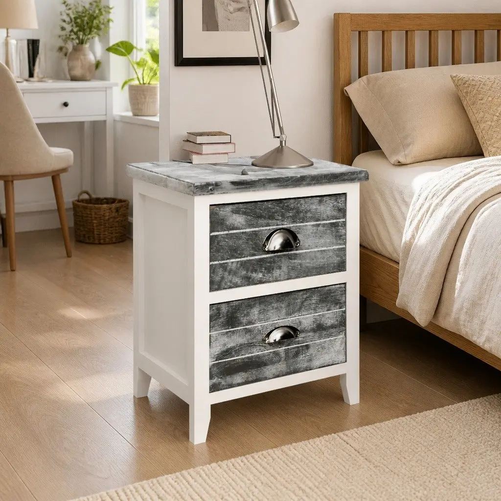 Bedside Table Grey White 2 Drawer Nightstand Storage Cabinet