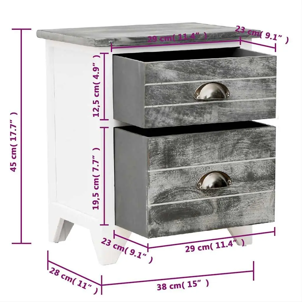 Bedside Table Grey White 2 Drawer Nightstand Storage Cabinet