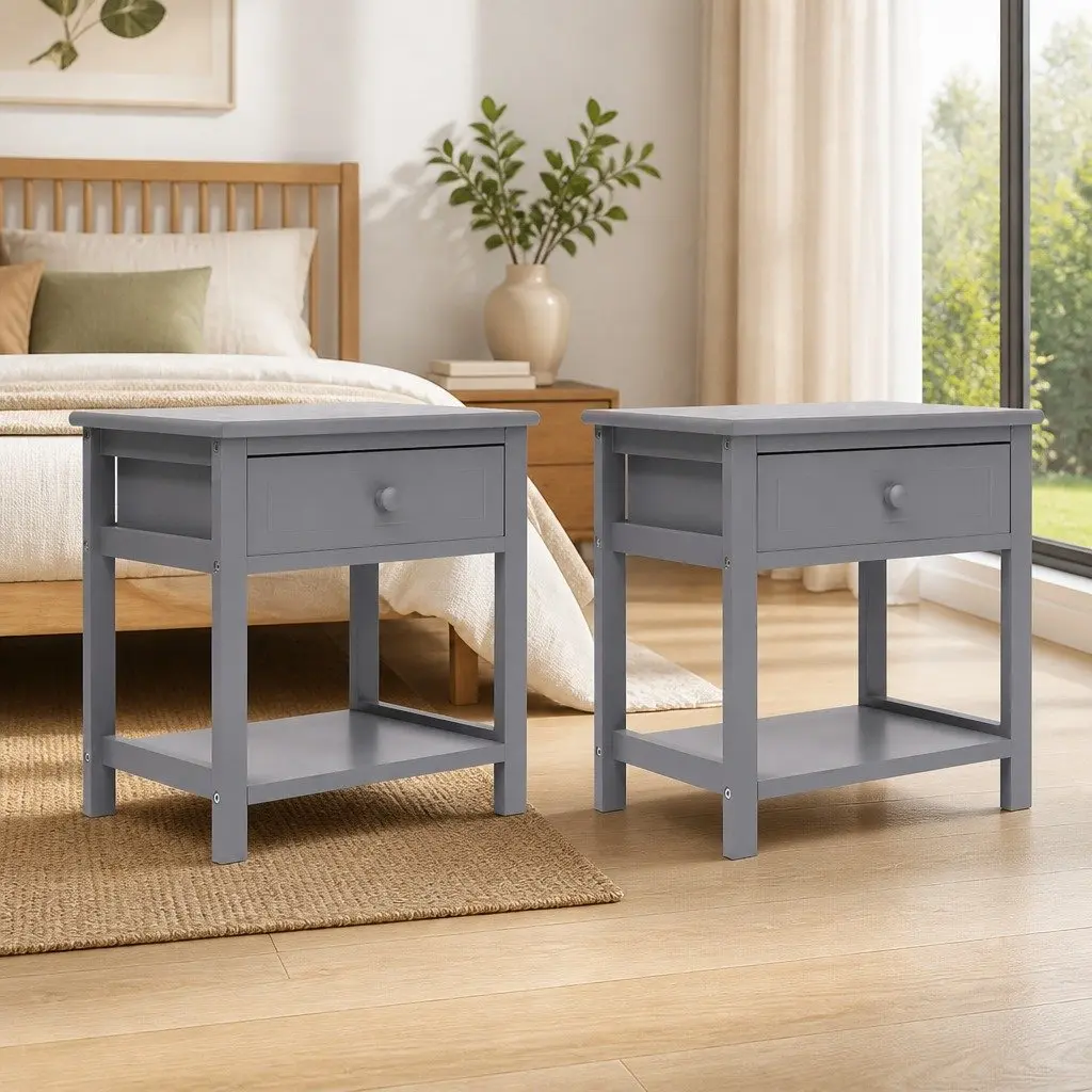 Wooden Bedside Tables Grey 40x29x42 cm 2 pcs Nightstands Storage Cabinet Drawer