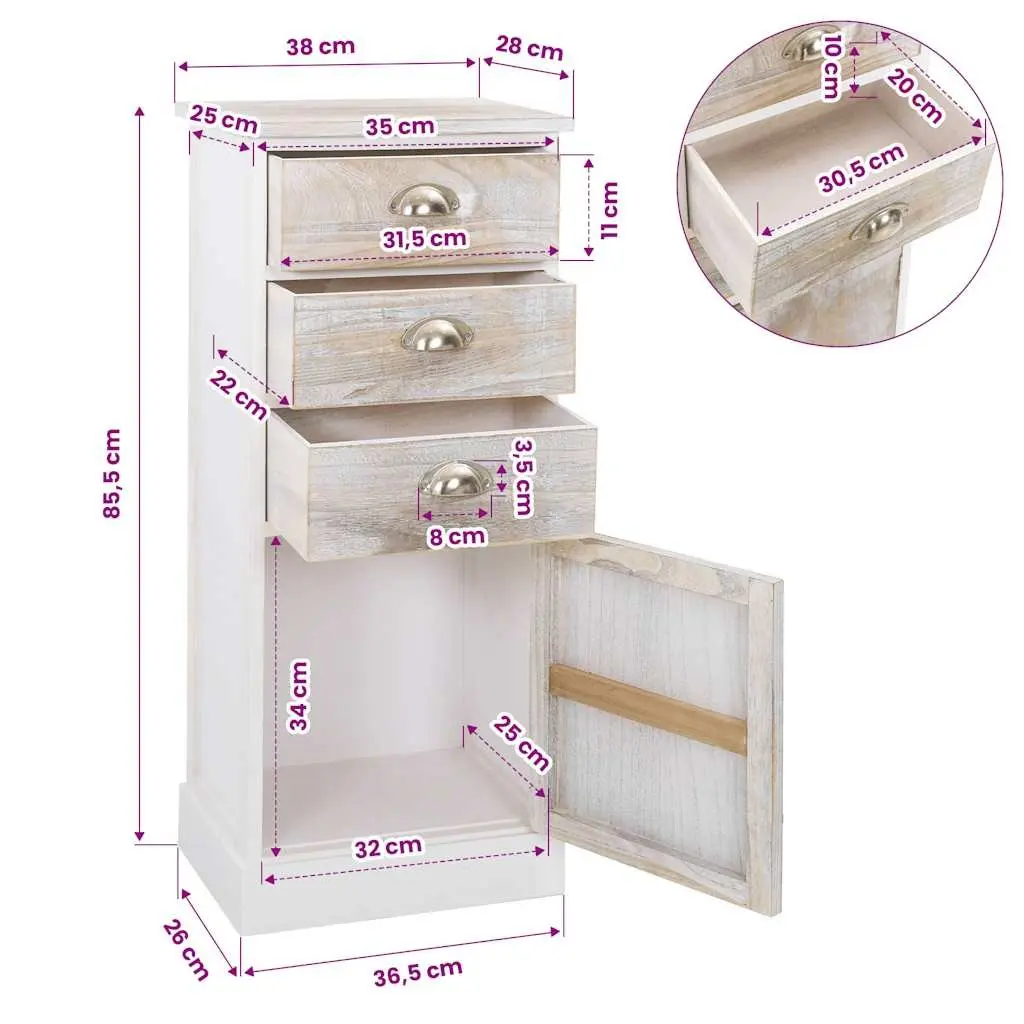 White Wooden Side Cabinet 3 Drawer 1 Door Storage Furniture 38 x 28 x 86 cm