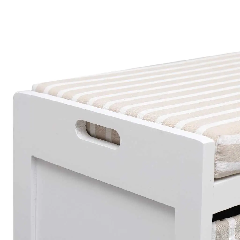 Hall Bench Storage Entryway Seat White Paulownia Wood Cushion Drawers Door