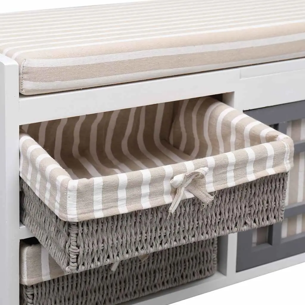 Hall Bench Storage Entryway Seat White Paulownia Wood Cushion Drawers Door