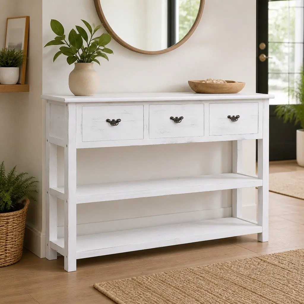 Wooden Sideboard White Storage Cabinet 3 Drawers 2 Shelves