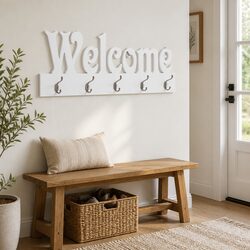 Wall Mounted Coat Rack Welcome Lettering 5 Hooks Home Entryway Storage Organiser