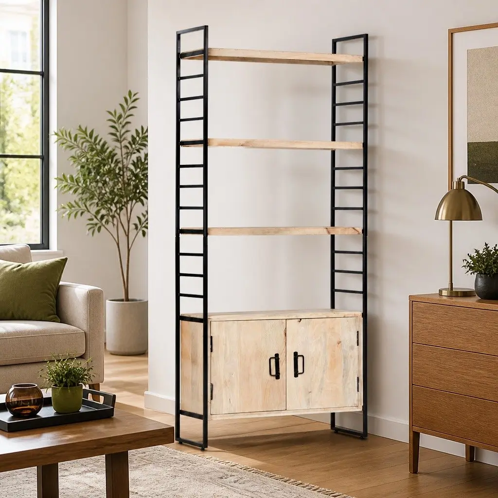 Solid Mango Wood 4 Tier Bookcase Brown Industrial Style Shelving Unit 80x30x180cm