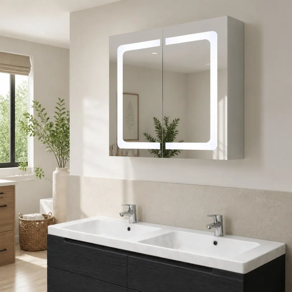 Bathroom Storage Cabinet Wall Mounted LED Mirror White 80x12.2x68cm