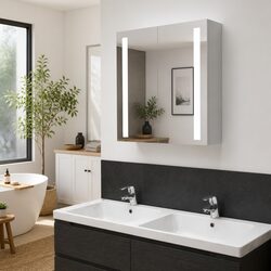 LED Bathroom Mirror Cabinet 60x14x62cm Wall Mounted Vanity Unit White Storage