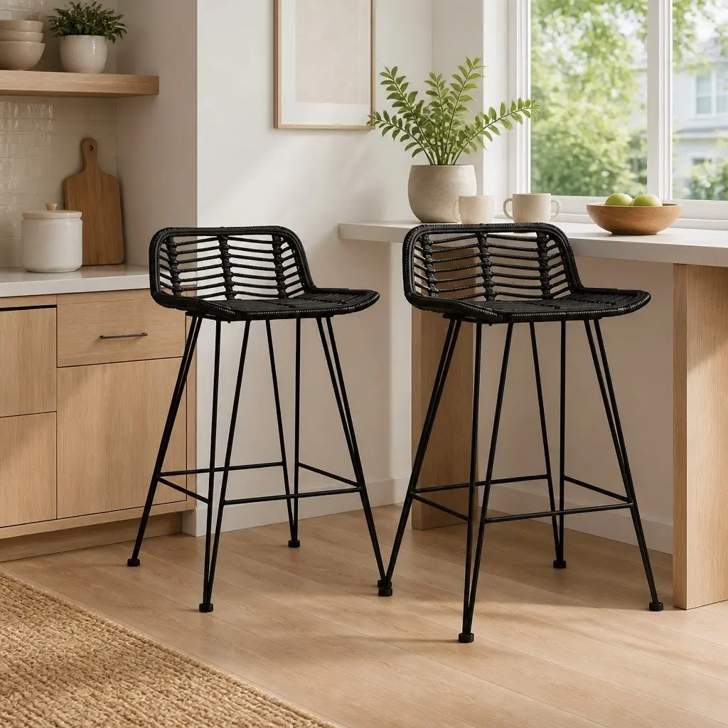 Bar Stools Rattan Seating Black 2 Piece Set