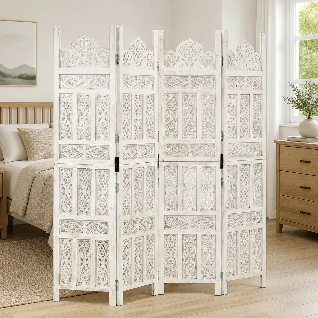 4-Panel Room Divider Hand Carved Wooden Privacy Screen Folding 160 x 165 cm