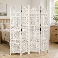 4-Panel Room Divider Hand Carved Wooden Privacy Screen Folding Bedroom