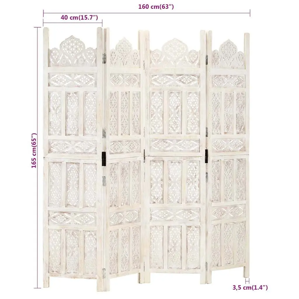 4-Panel Room Divider Hand Carved Wooden Privacy Screen Folding 160 x 165 cm