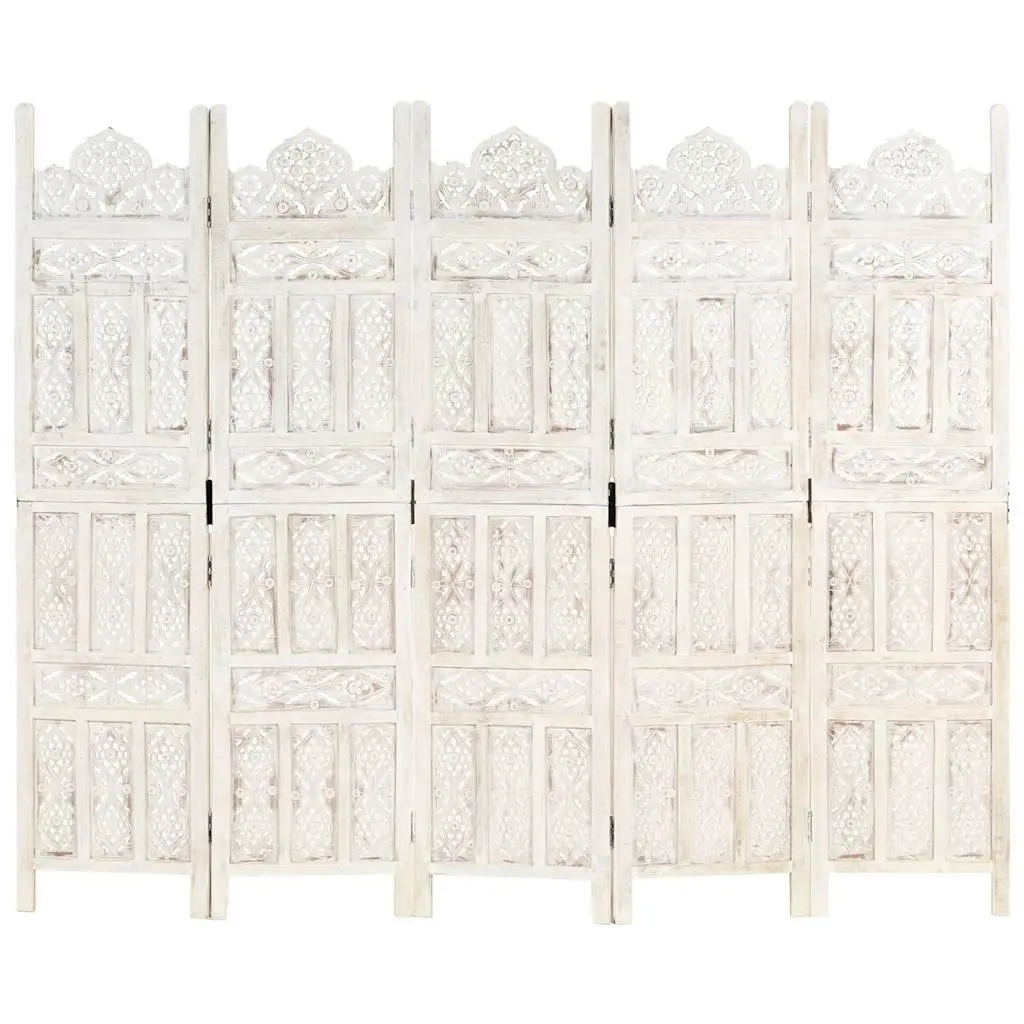 Hand Carved 5-Panel Room Divider Screen White Folding Privacy Partition