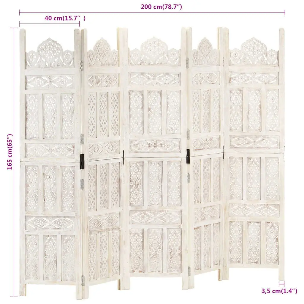 Hand Carved 5-Panel Room Divider Screen White Folding Privacy Partition