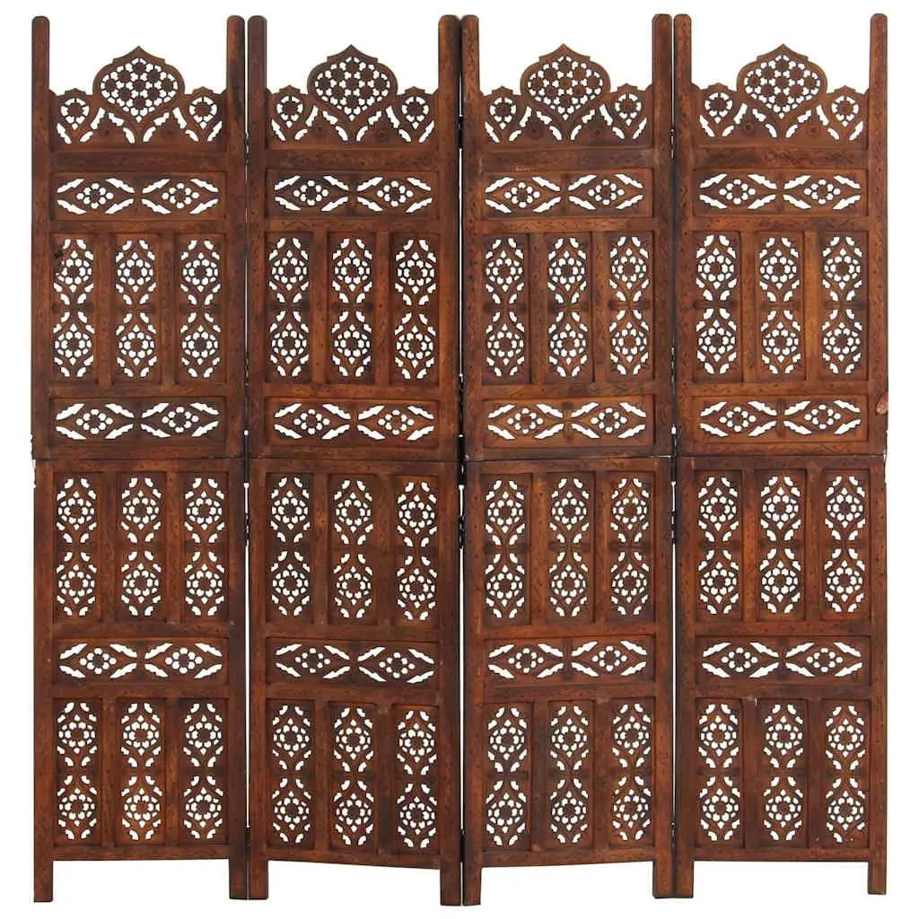 Hand Carved 4-Panel Room Divider Screen Folding Privacy Partition Brown