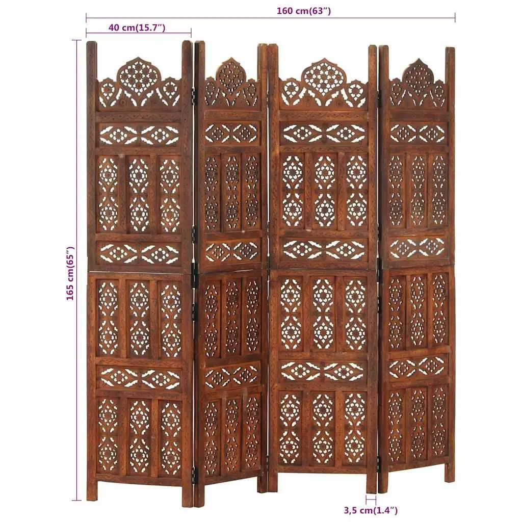Hand Carved 4-Panel Room Divider Screen Folding Privacy Partition Brown
