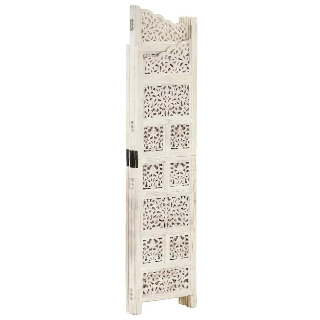 4-Panel Room Divider Folding Privacy Screen Hand Carved Wooden Partition White