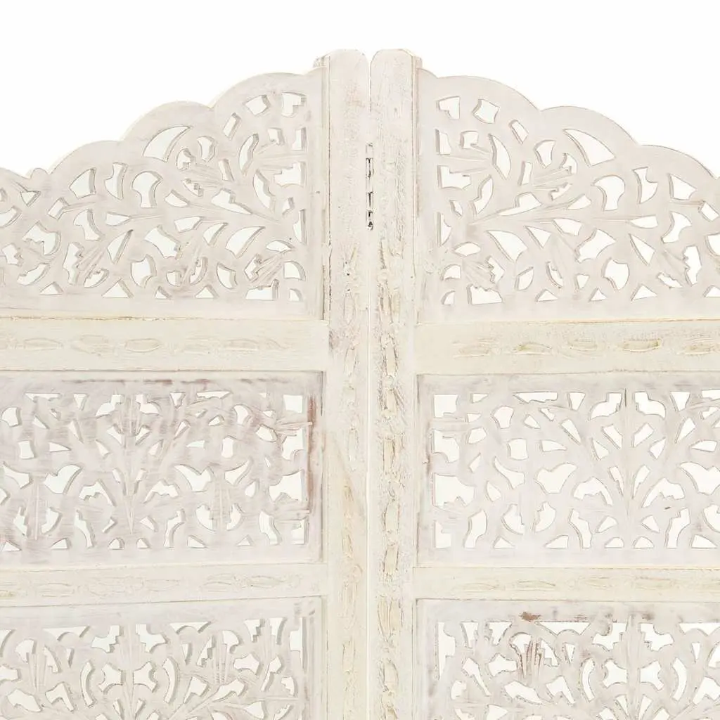 4-Panel Room Divider Folding Privacy Screen Hand Carved Wooden Partition White