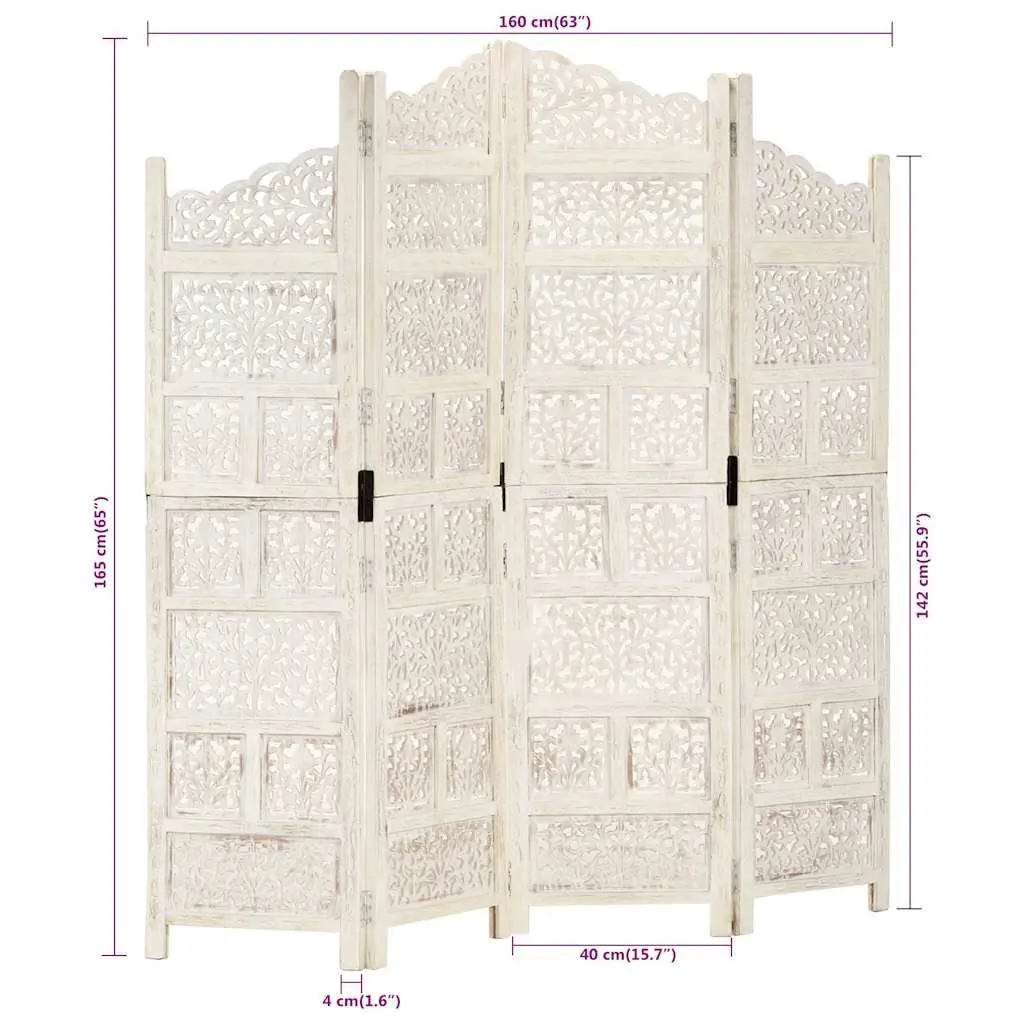 4-Panel Room Divider Folding Privacy Screen Hand Carved Wooden Partition White