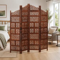4-Panel Room Divider Hand Carved Wooden Screen Brown Folding Privacy Partition
