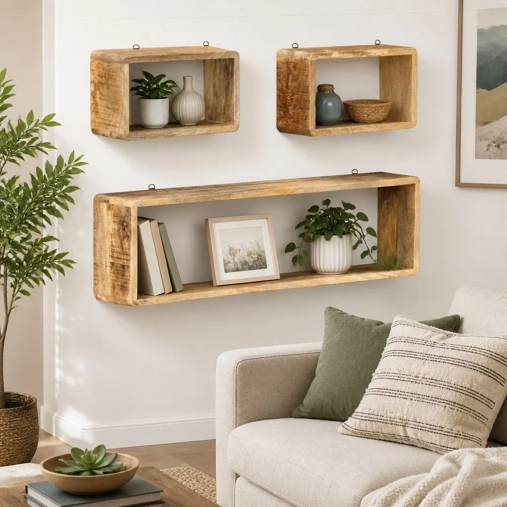 Wall Cube Shelf Set 3 Pieces Solid Mango Wood Brown Storage Display Floating